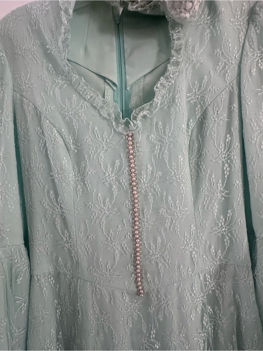 Ethereal 70s Aqua Lace Formal Gown – Matching Bridal Set choker garter small Euc
